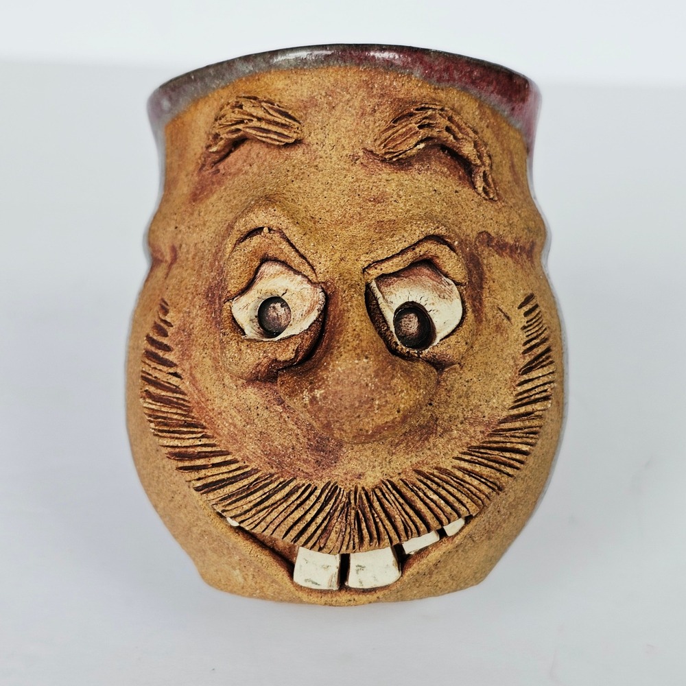 Vintage Roger Studio Pottery Ugly Face Mug Mustache Buck Teeth Character Art